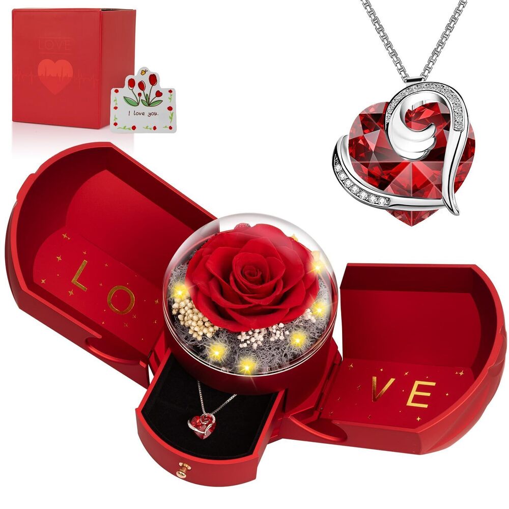 7374 Preserved Real Red Rose with Necklace Forever Flowers Rose Birthday
